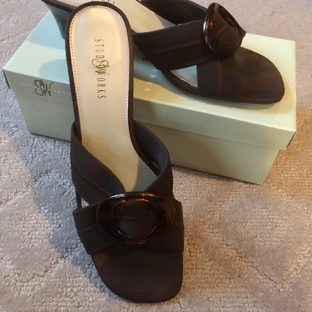 3/$20 Studio Works brown slides with buckles